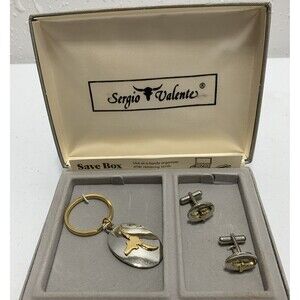 Vintage Sergio Valente Longhorn Steer Cuff Links Key Chain Set Western Rodeo